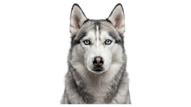 Siberian husky with striking blue eyes and thick gray coat gazes forward is shown as a PNG isolated on a transparent background