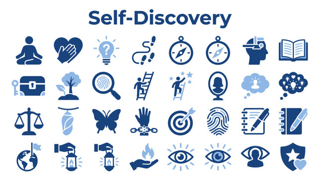 Self discovery and personal development icons set depicting growth mindset mindfulness and mental exploration with blue symbols on white background