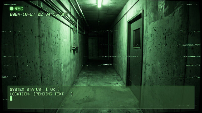 Eerie Hallway Surveillance: A dimly lit, concrete hallway, captured with a grainy, night-vision effect reminiscent of surveillance footage, creates a chilling and mysterious atmosphere.