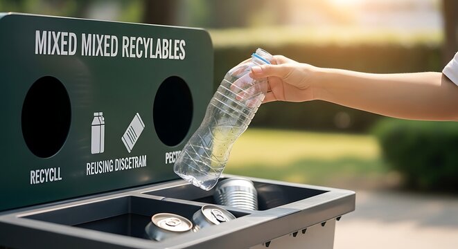 Sustainable recycling concept with hand throwing plastic bottle into mixed recyclables bin, eco-friendly waste management in public park, green environmental conservation