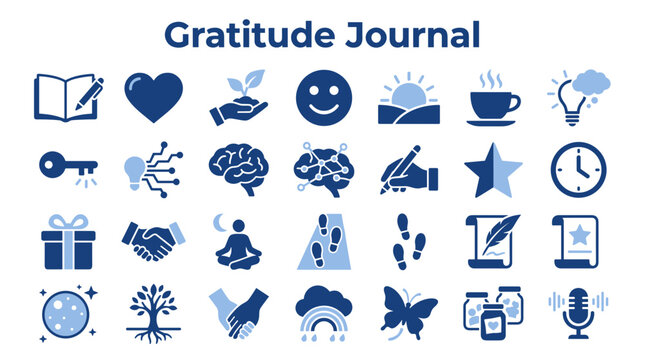 Gratitude Journal icons collection showing mindfulness self care and wellness symbols in blue