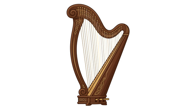 Beautiful brown harp with golden strings and ornate Celtic designs