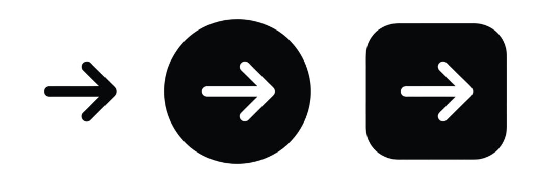 Right arrow icons featuring button style, navigation, next direction, and forward symbols in outline and solid styles with clean minimalist vector graphics for web interfaces, mobile apps, dashboards,