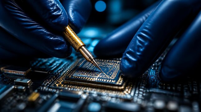 Close-up of hands in blue gloves repairing a computer processor on a circuit board with specialized tools.