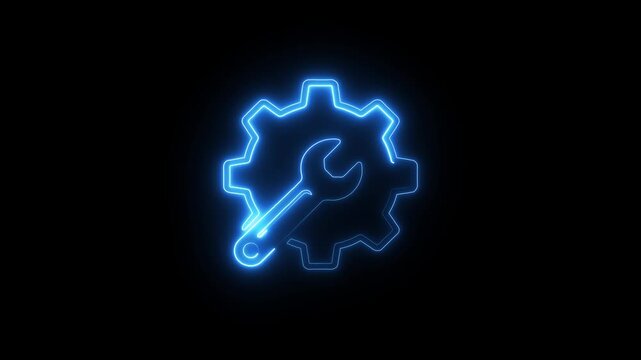 Neon blue gear and wrench icon animation glowing against dark background for tech services.