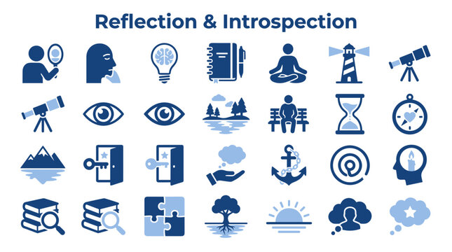 Set of meditation and mindfulness icons depicting reflection introspection self discovery mental health awareness and inner peace concepts in blue tones