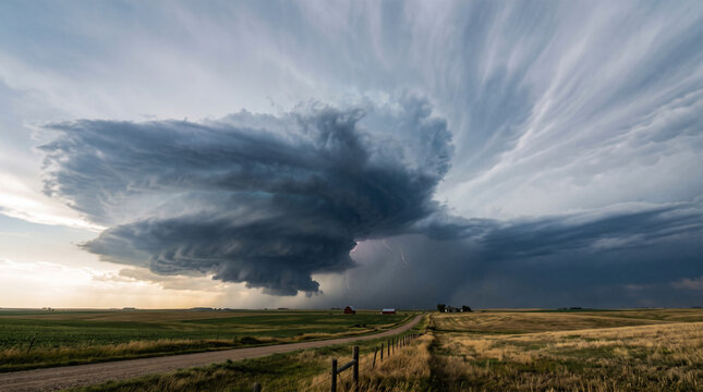 Supercell Thunderstorm Over Plains: A majestic supercell thunderstorm looms ominously over a vast, golden-hued plain, its dramatic cloud formations casting a wide shadow.