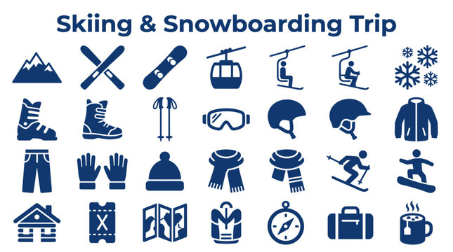 Set of flat icons for winter sports activities including skiing and snowboarding equipment and travel accessories in blue color