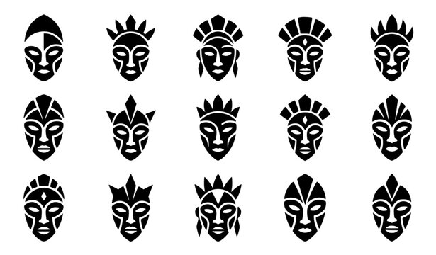 Modern abstract generic African tribal mask symbol vector clipart set with minimalist clean outline unbranded ethnic brand wooden mask monogram and cosmic cultural logo graphics black and white