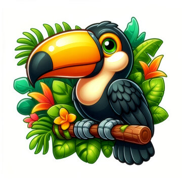Cute cartoon toucan with tropical leaves and flowers