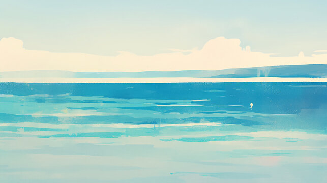 Minimal Mediterranean horizon line watercolor illustration. Expansive sea under a pale sky. Simple seascape