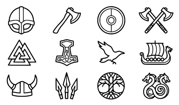 Generic Viking helmets and axes vector icon set with simple bold line art classic complete unbranded Norse warrior battle axe helmet shield clip art black and white