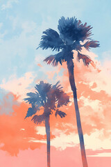 Obraz premium Vertical watercolor illustration of two palm tree silhouettes against a sunset sky. Blue and orange tropical cloudscape