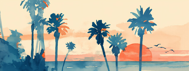 Obraz premium Watercolor illustration of palm tree silhouettes and birds against a Mediterranean coastal sunset. Tropical landscape