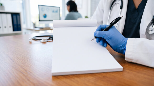 Doctor's Consultation Notes: A close-up of a medical professional wearing blue gloves and a white coat, meticulously writing on a blank notepad in a modern clinic.