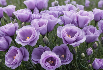 Obraz premium Close-up of blooming purple eustoma flowers in a natural field