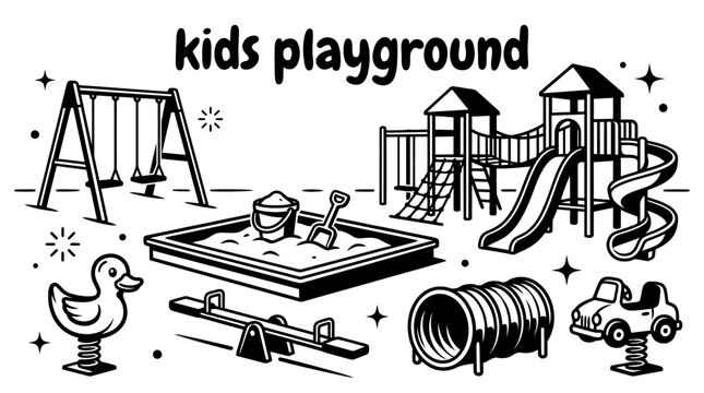 children playground equipment featuring swings slides seesaws climbing frames sandbox spring riders tunnels and outdoor play structures vector set collection parks recreation education and childcare
