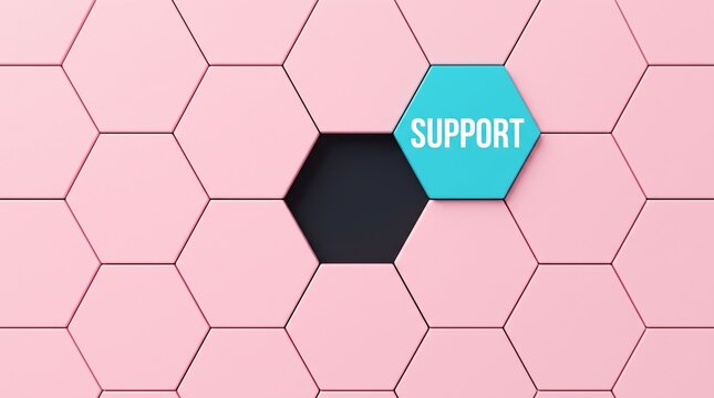 Customer support concept with blue hexagon tile, pink honeycomb pattern background, business assistance and technical help desk metaphor