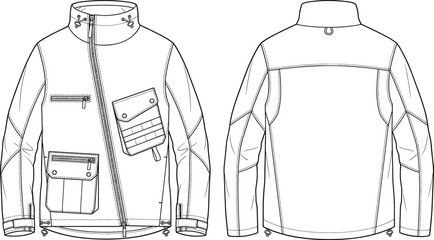 Men waterproof outdoor tactical jacket technical flat sketch fashion design vector template with multi pockets © jesmin