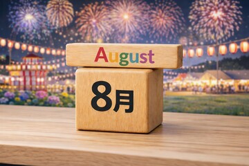 Naklejka na ściany i meble 8月の夏祭り花火大会と木製ブロックカレンダーが季節感を演出
