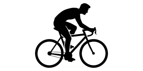 Silhouette of an elderly man riding a bicycle, wearing a cap, on a white background, showcasing dynamic motion and simplicity in design, riding bicycle in a dark striking Icon Minimalist design © Brazandrachandra