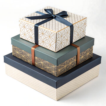 Elegant stack of gift boxes with geometric patterns and ribbon accents