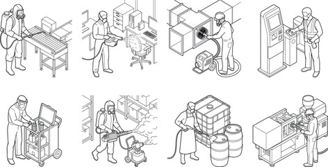 Obraz premium Industrial Safety Procedures Outline Vector Set with Protective Equipment and Factory Workers