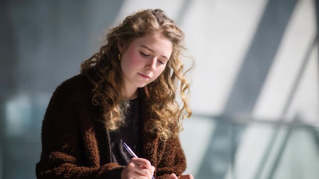 A thoughtful young woman writes in her notebook, illuminated by natural sunlight in a modern interior. The scene captures creativity, concentration, and a peaceful moment of reflection