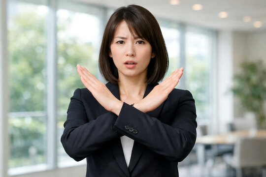困惑顔の日本人女性が両腕で拒否のXサインを示すビジネスシーン