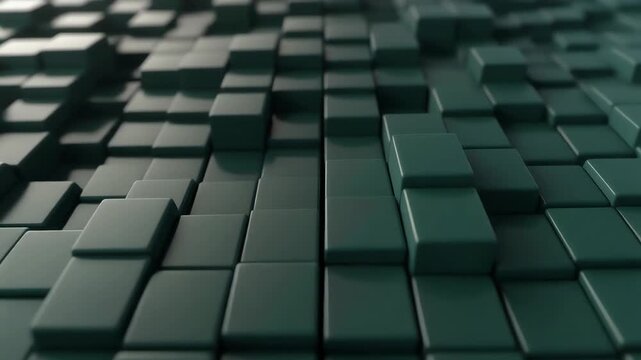 Abstract 3D digital pattern of dark green geometric blocks, forming a dynamic, intricate grid with varying heights and shadows, ideal for modern technology backgrounds