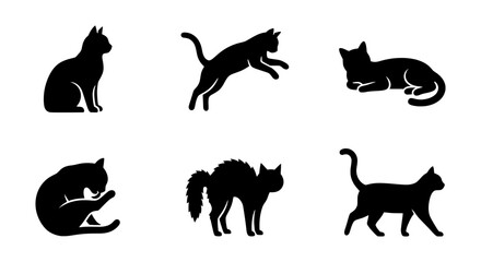 Obraz premium Black Cat Silhouettes: Six Feline Poses, Vector Icons for Pet Lovers, Animal Graphics