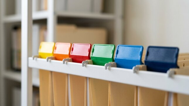 Color-coded folder tabs lined neatly along a chart rack | Hospital Patient Care Stock Photo