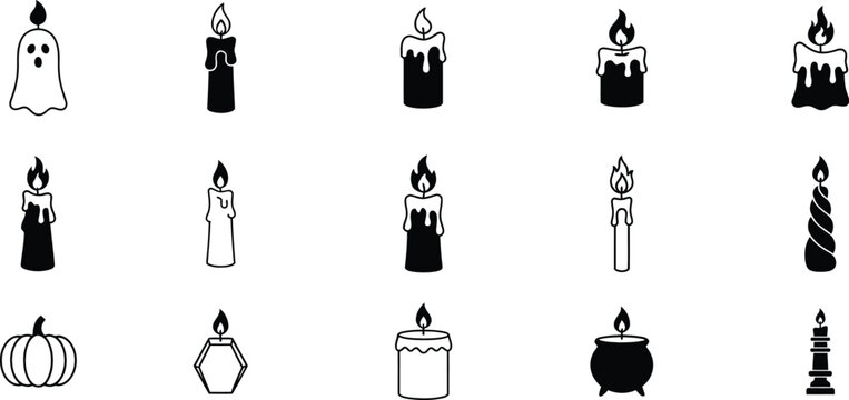 Halloween silhouette icons ghost candles pumpkin cauldron isolated on transparent background