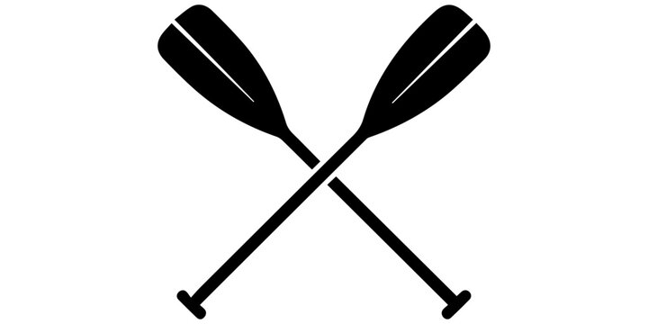Two crossed oars vector icon. Two black Kayak or canoe paddle silhouette. Rowing paddles sign. Plastic oars. Water sport. River rafting. Symbol isolated on white background.pro