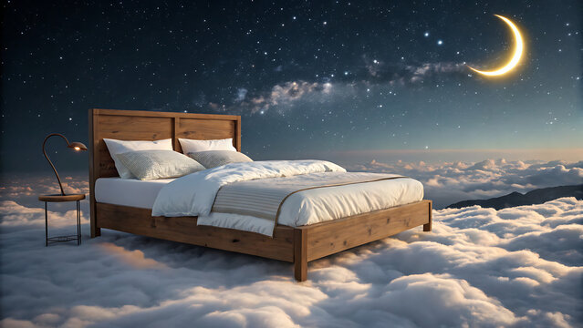 Cozy wooden bed floating in dreamy night sky. Surreal sleep scene with moonlit clouds and starry atmosphere.