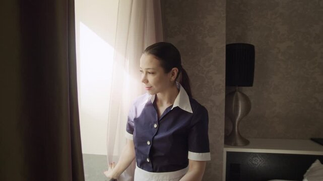 Tracking shot of Caucasian young adult maid opening curtains in hotel room, then turning, making bed and arranging pillows. Useful for hospitality industry marketing or hotel service promotions