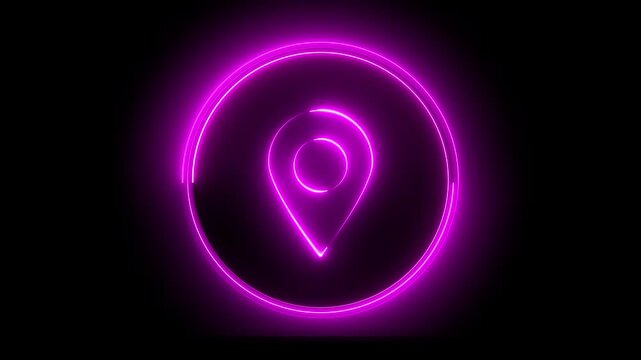 Glowing neon pink color location map sign icon animation position tracking direction address tags journey place navigation icon sign symbol on black background
