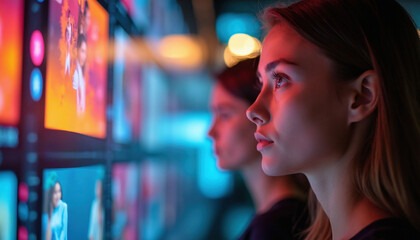Fototapeta premium Young women look at bright digital screens in dark room. People watch colorful displays with interest. Shoppers explore online deals on big monitors at store. Customers observe vivid media content in