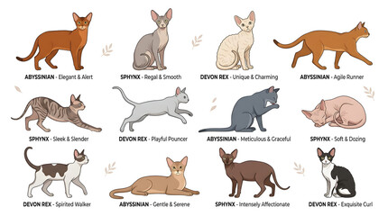 Obraz premium Variety of Cat Breeds: An illustration showcasing twelve distinct cat breeds, each with unique features and descriptive labels, representing the diversity within feline companions.