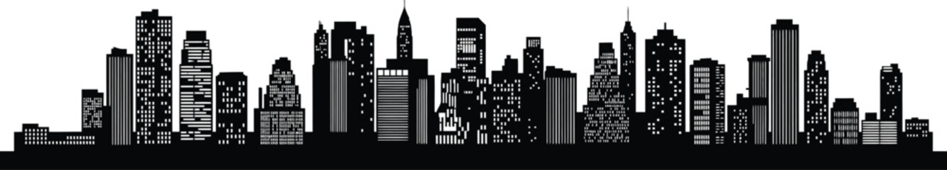 Black silhouette of a city skyline with numerous buildings and illuminated windows © MDSHAHIN