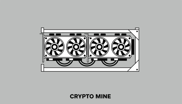 Detailed black and white flat illustration of a computer graphics card mining rig with cooling fans on a grey background.