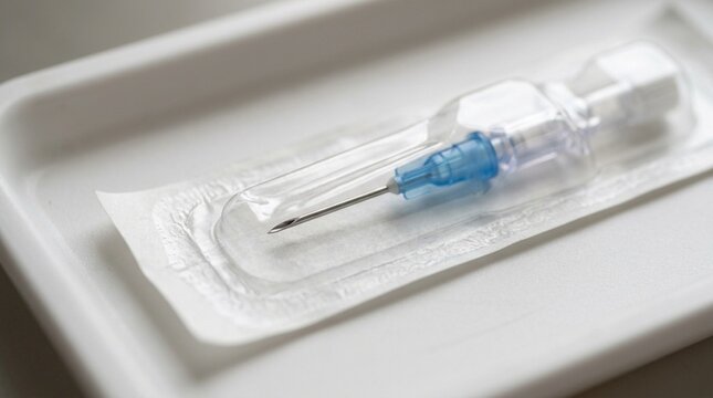 IV catheter needle resting in its sterile packaging | Medical Equipment Close-Up Stock Photo