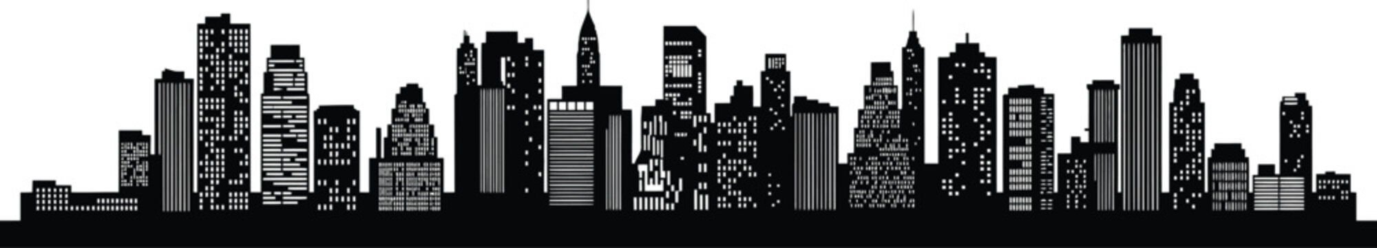 Black silhouette of a city skyline with numerous buildings and illuminated windows