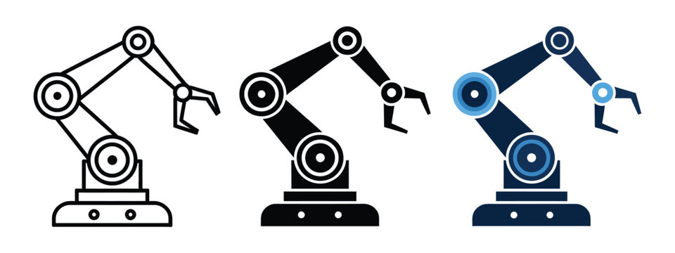 Robotic arm mechanical icons featuring industrial automation equipment in outline, solid, and flat styles isolated on transparent background with clean minimalist vector graphics for robotics, manufac