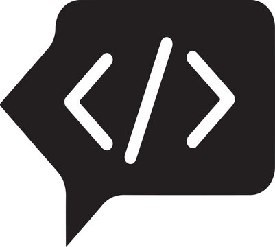 Bold speech bubble shape featuring a white code bracket symbol for technology, software, or programming discussions.