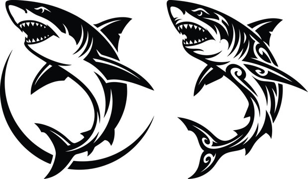 Two black shark silhouettes with tribal designs on a white background for marine life illustrations