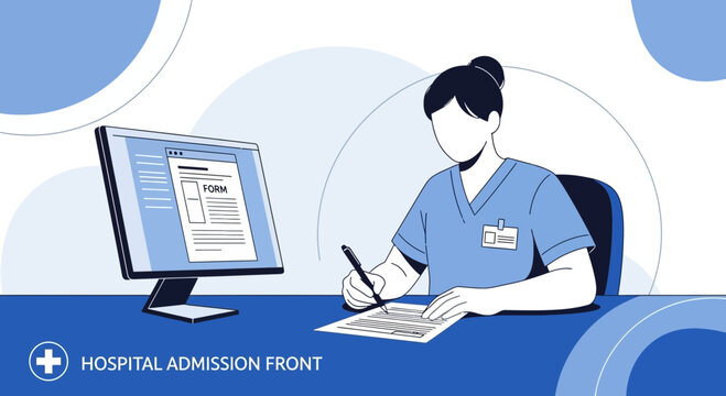 Nurse filling out patient admission form on computer and paper at hospital desk