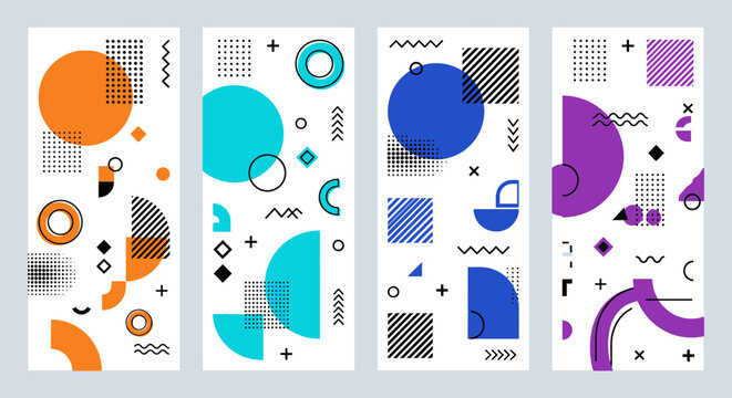 Tall vertical banners with Memphis style geometric designs.