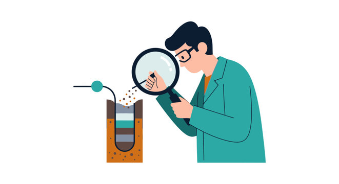 Scientist in Lab Coat Analyzing Soil Layers with Magnifying Glass - Geologist Researching Earth Strata and Groundwater - Flat Vector Illustration