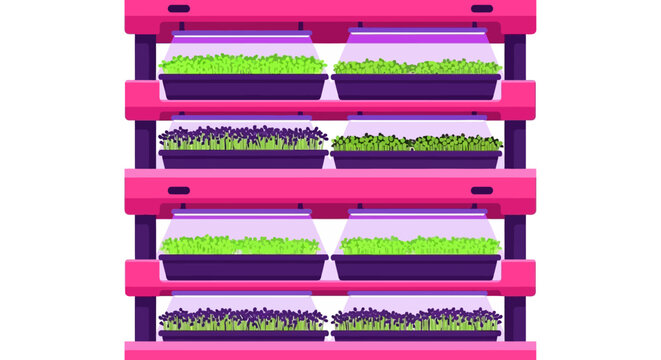 Modern Vertical Indoor Farm with Microgreens and LED Grow Lights, Flat Vector Illustration of Sustainable Agriculture